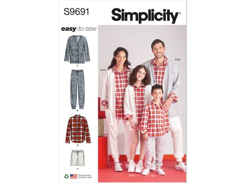 *Seconds* Simplicity Pattern S9691 GIRLS', BOYS' AND ADULTS' LOUNGE SHIRT, CARDIGAN,- Size BB (XS-S-M-L-XL)