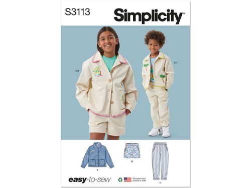 *Seconds* Simplicity Pattern S3113 CHILDREN'S OR GIRLS' AND BOYS' JACKET, SHORTS AND PANTS- Size K5 (7-8-10-12-14)
