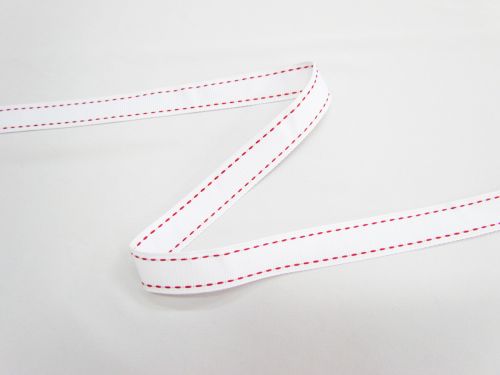 15mm Stitch Grosgrain Ribbon- White / Red #T1027