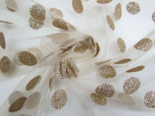 Glitter Spot Flocked Net- Silver On Champagne #14933