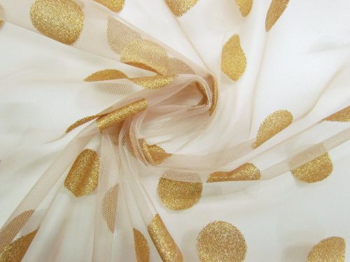 Glitter Spot Flocked Net- Elegant Gold On Beige #14935