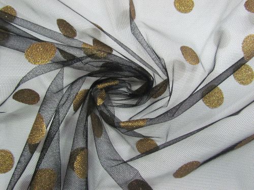 Glitter Spot Flocked Net- Fools Gold On Black #14938