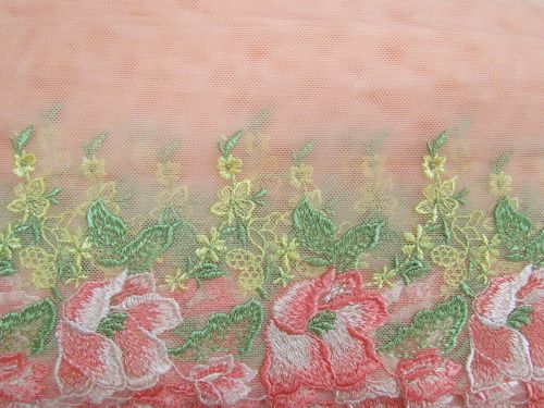 17cm Butterfly Garden Embroidered Tulle Lace Trim- Peach #T1430