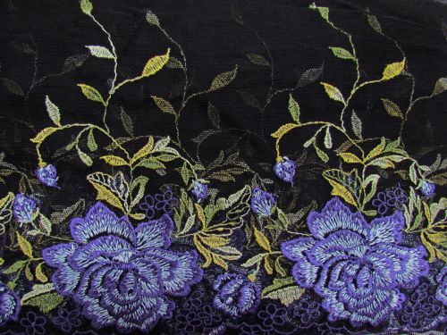 18cm Royal Bloom Embroidered Tulle Lace Trim- Black  #T1431