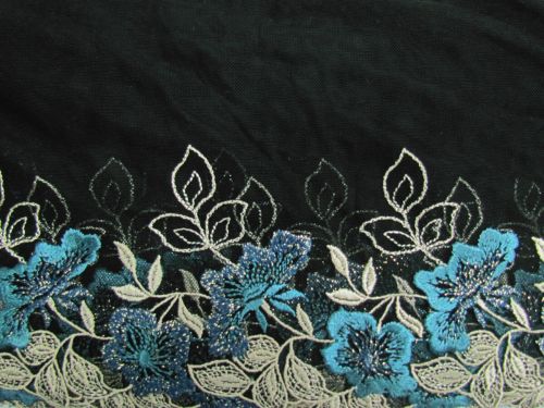 20cm Daphne Floral Embroidered Tulle Lace Trim- Black  #T1432