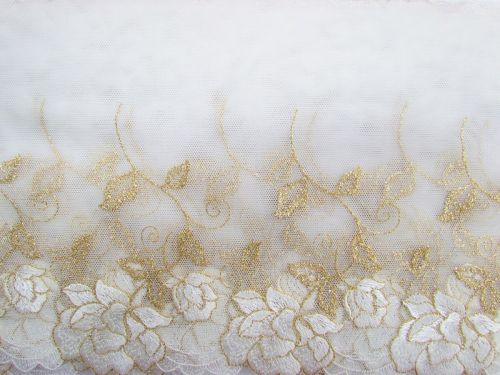 18cm Gold Petals Embroidered Tulle Lace Trim- White #T1433