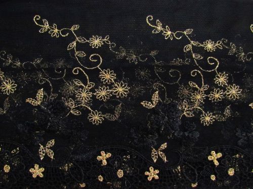 18cm Fairy Garden Embroidered Tulle Lace Trim- Black #T1434