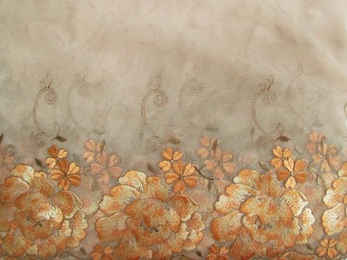 26cm Bronze Blossom Embroidered Tulle Lace Trim- Beige #T1435