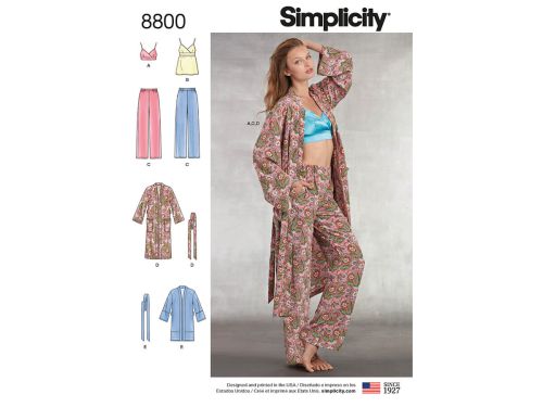 Simplicity Pattern S8800 Misses' Robe, Pants, Top and Bralette- Size A (XS-S-M-L-XL)