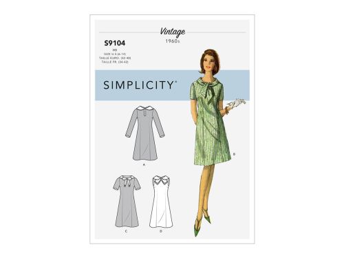 Simplicity Pattern S9104 Misses' Vintage Dresses With Sleeve & Neckline Variation- Size H5 (6-8-10-12-14)