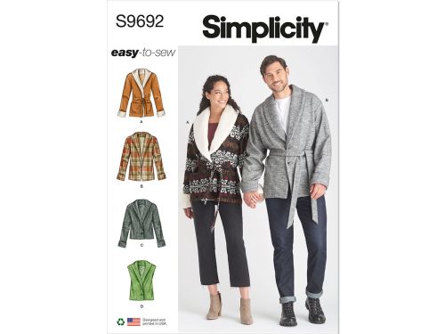 Simplicity Pattern S9692 UNISEX JACKET, VEST, AND BELT- Size A (XS-S-M-L-XL-XXL)