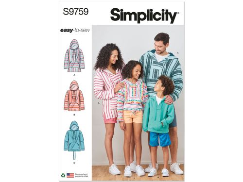Simplicity Pattern S9759 Children's, Teens' and Adults' Hoodie- Size A (XS - L / XS - XL)