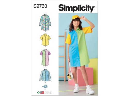 Simplicity Pattern S9763 Girls' Shirtdresses, Shirts and Hat- Size A (7-8-10-12-14)