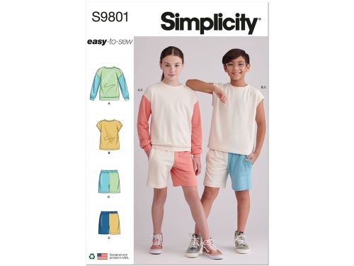 Simplicity Pattern S9801 Girls' And Boys' Sweatshirts And Shorts- Size A (7-8-10-12-14)