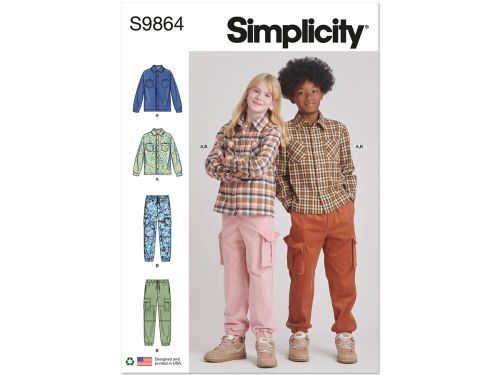 Simplicity Pattern S9864 GIRLS' AND BOYS' SHIRT AND CARGO PANTS- Size A (7-8-10-12-14)
