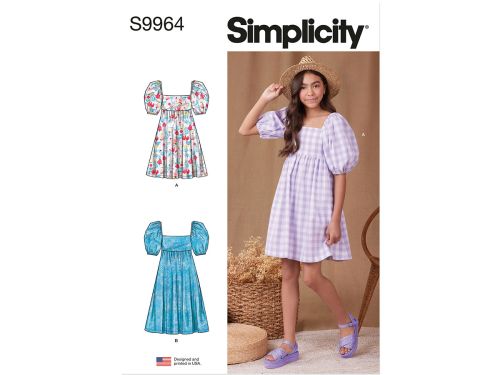 Simplicity Pattern S9964 GIRLS' DRESS WITH BACK BODICE AND LENGTH VARIATIONS- Size A (7-8-10-12-14)