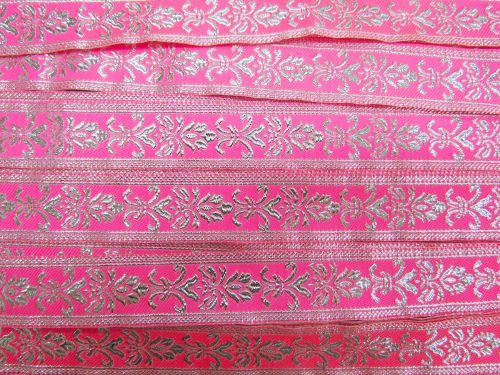 25mm Gilded Garden Brocade Ribbon- Silver / Pink #T813