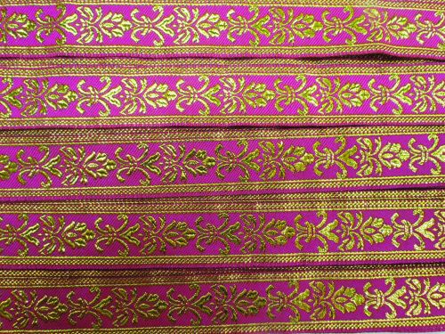 25mm Gilded Garden Brocade Ribbon- Gold / Magenta #T815