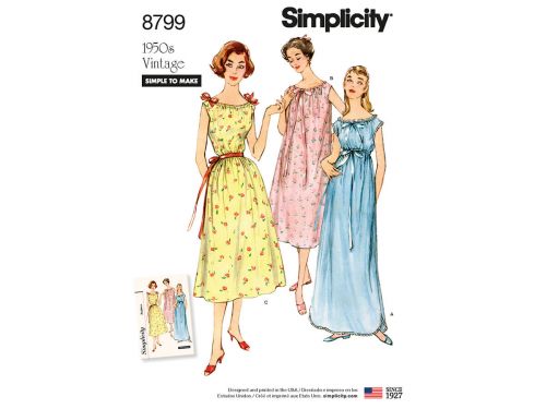 Simplicity Pattern S8799 Misses' Vintage Nightgowns- Size A (XS-S-M-L-XL)