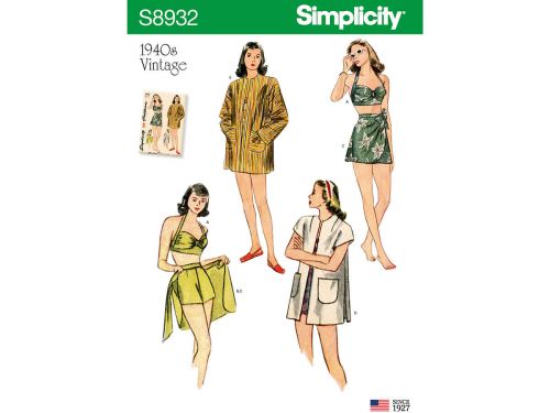 Simplicity Pattern S8932 Misses' Vintage Bikini Top, Shorts, Wrap, Skirt and Coat- Size 12-14-16-18-20
